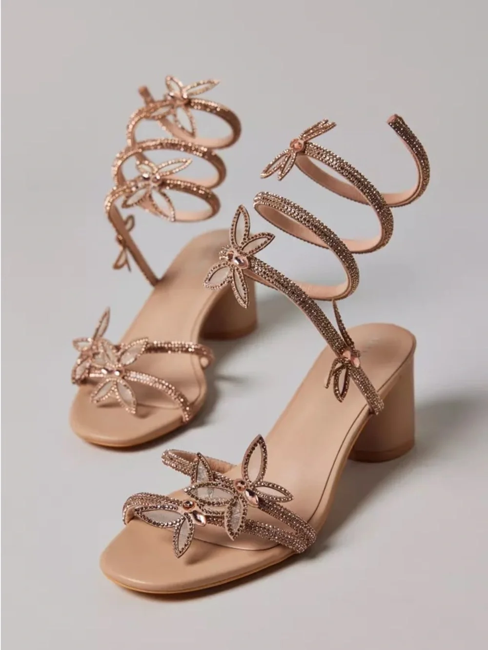 Embellished Spiral-Strap Heeled Sandals — Rose Gold